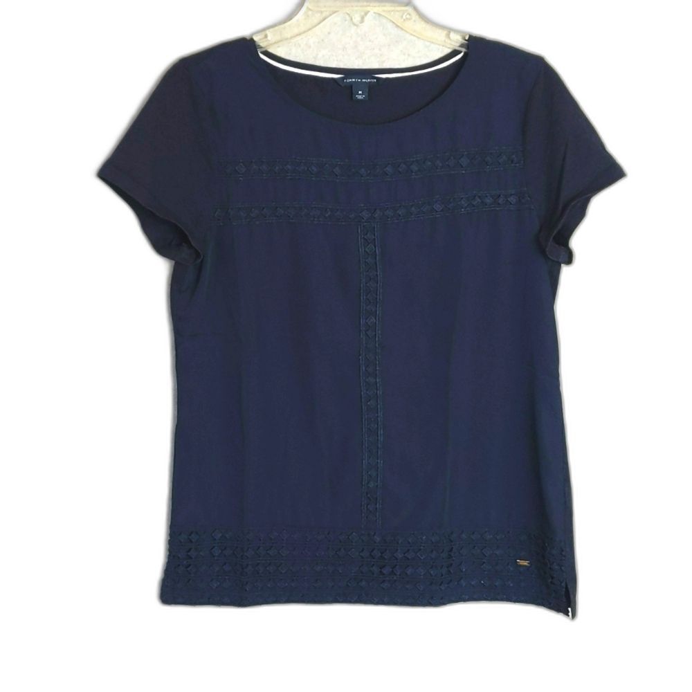 Tommy Hilfiger Navy Blue Solid Short Sleeve Top Women's M